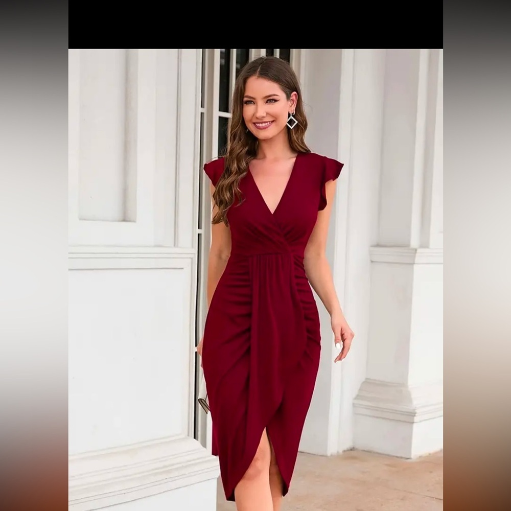 Solid Surplice Neck Ruched Dress, Elegant Flutter Sleeve Asymmetrical Hem Dress